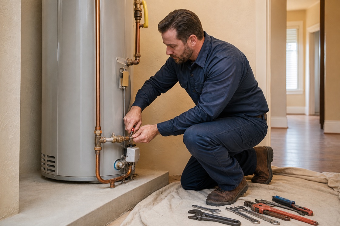 Plumber inspecting connections beside a residential water heater